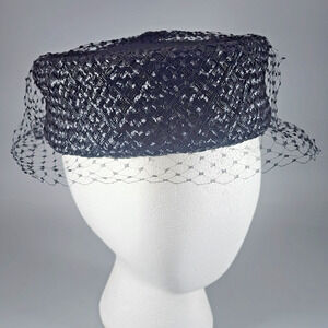 Vintage 60s Black Straw Pillbox Hat Grosgrain Veil Netting - Adjustable